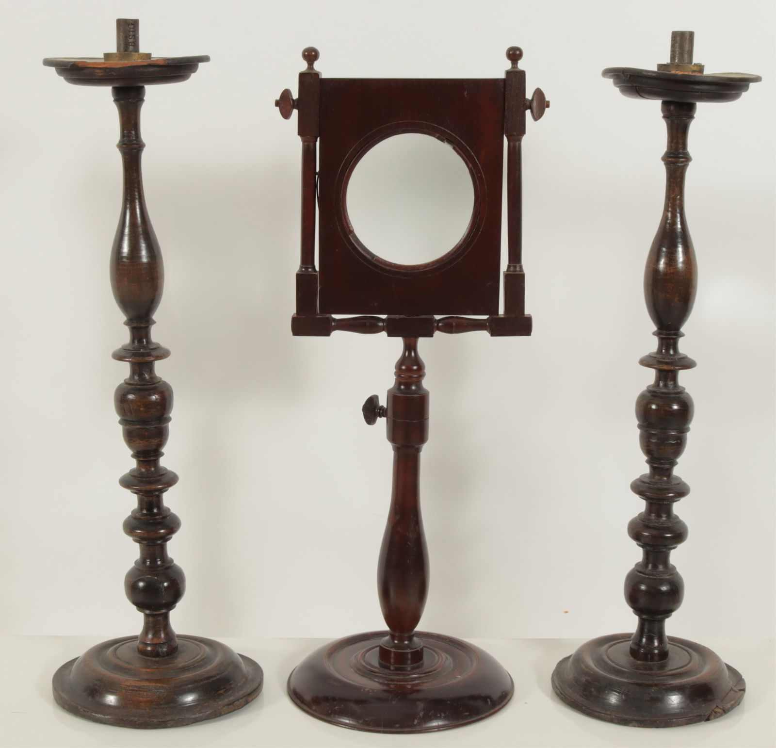 English Mahogany Zograscope and Candlesticks: English Mahogany Zograscope and Pair Candlesticks, Zograscope Early 19th C. Dimensions: 22" H 