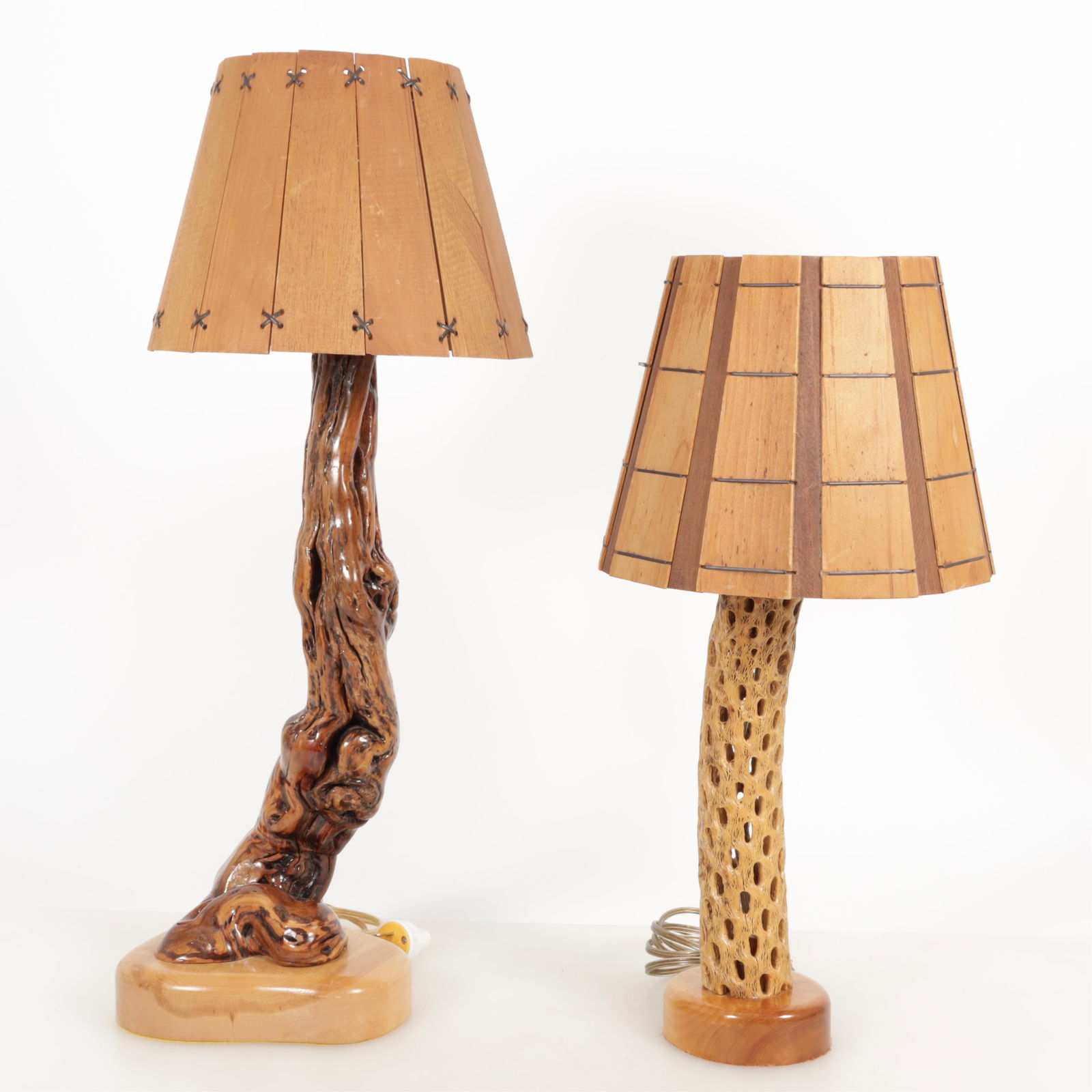 Two Modern Wooden Lamps: Two Modern Wooden Lamps with wooden shades. One composed of drift wood and the other composed of a cactus skeleton. Dimensions: Larger 20" H to the fixture 