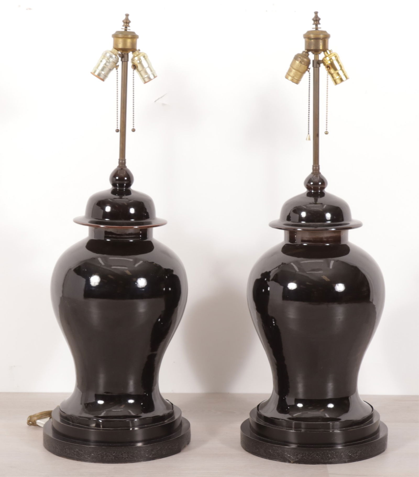 Pair of Antique Chinese Ginger Jar Lamps: Pair of Antique Chinese Black Ginger Jar Lamps mounted on stepped metal stands with punched metal decoration. Provenance: Property of Baron Alessandro Rubin de Cervin Albrizzi Dimensions: 32 1/2" H