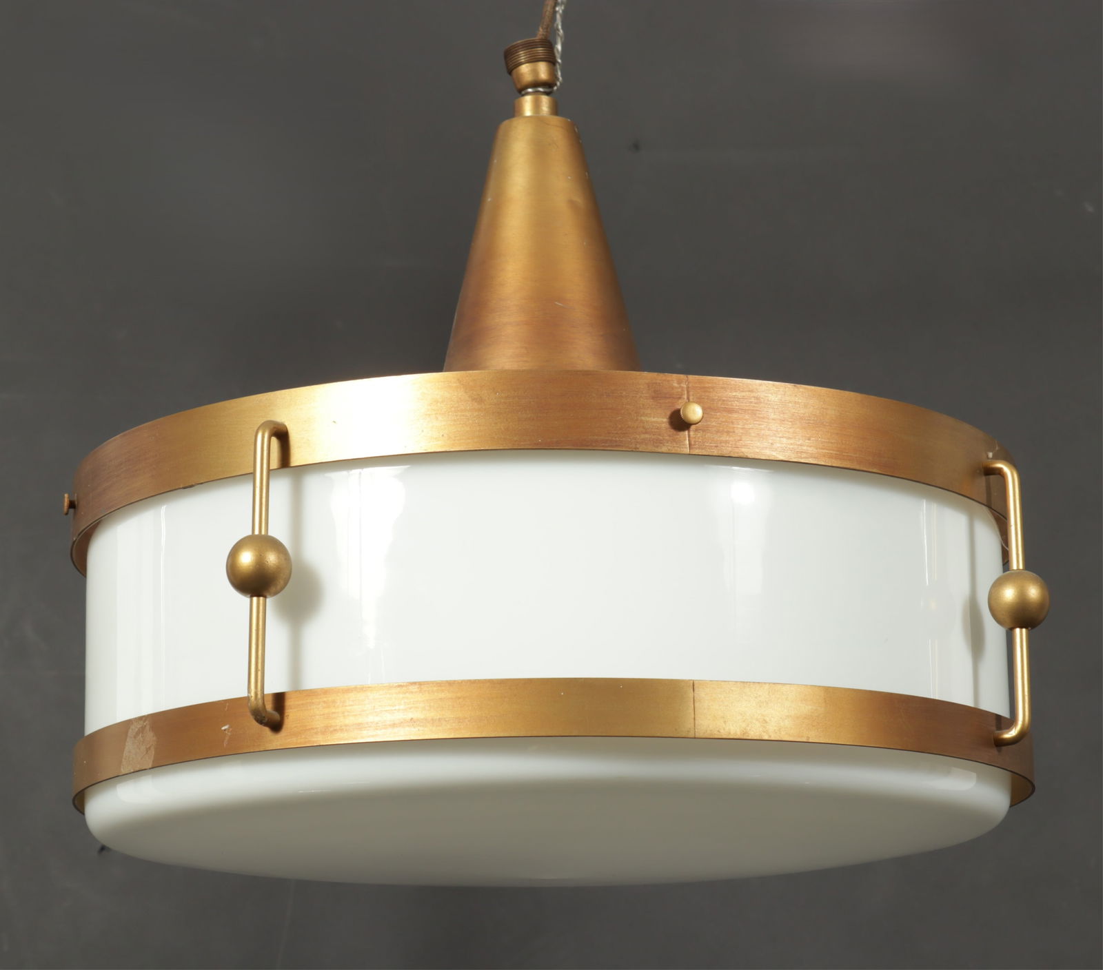 Art Moderne Metal/Glass c.1940's Ceiling Light: Art Moderne round copper-tone metal and milk glass ceiling light fixture, c.1940's, conical form terminating in circular canopy Dimensions: Approx. 16 H" x 17 1/2" round Property of a New York