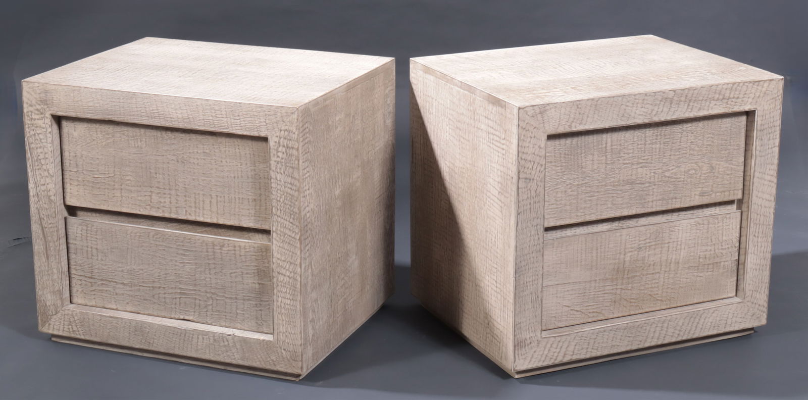 Pair of Restoration Hardware Grey Oak Tables: Pair of Restoration Hardware Grey Weathered Oak Side Tables. Double drawers. Dimensions: 24" H x 26" W x 21" D From a Washington Connecticut Home