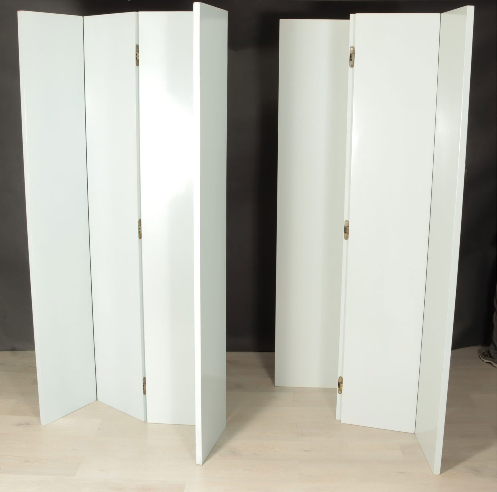 Pair Albrizzi NYC Showroom 4-Panel Wood Screens: Pair of custom painted wood folding screens/room dividers made for Alessandro Albrizzi Design showroom, New York City Dimensions: 96"H x (18" panels) x 72"W, 1 3/8" thickness Property of a New York
