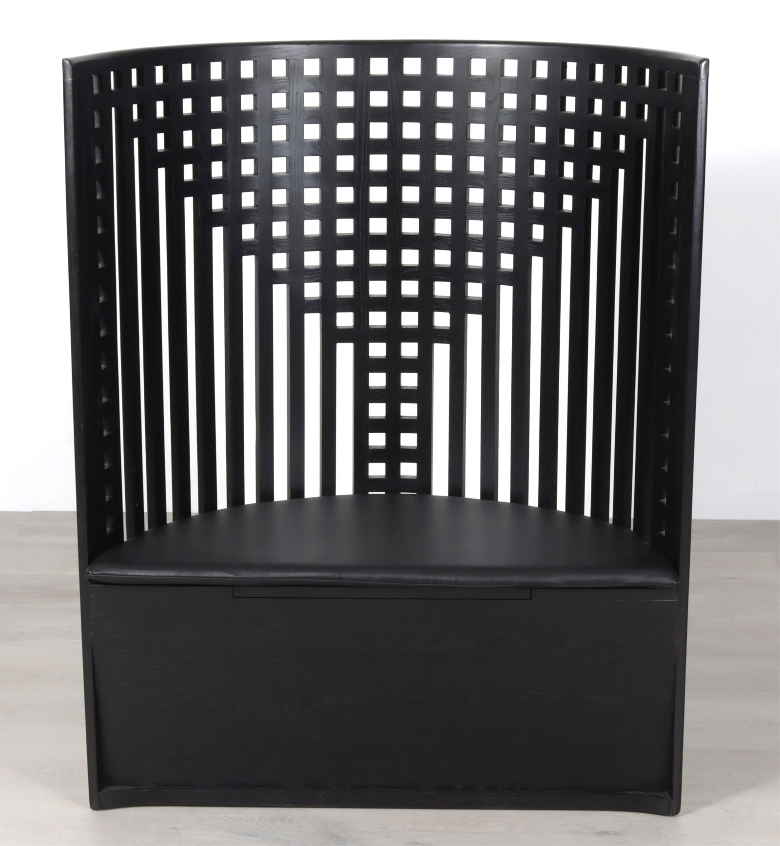 Mackintosh for Cassina 'Willow' Armchair: Charles Rennie Mackintosh for Cassina 'Willow' armchair. Black painted frame with stitched black leather seat. Dimensions: 46.75" H x 37.5" W x 17" D