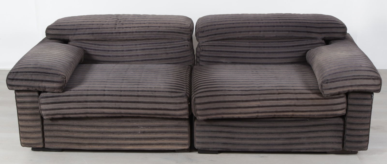 Scarpa for B&B Italia Erasmo Sofa: Afra and Tobia Scarpa for B&B Italia Erasmo two-piece modular sofa, upholstered in black striped cut velvet. Dimensions: 24" H x 84" W x 36" D