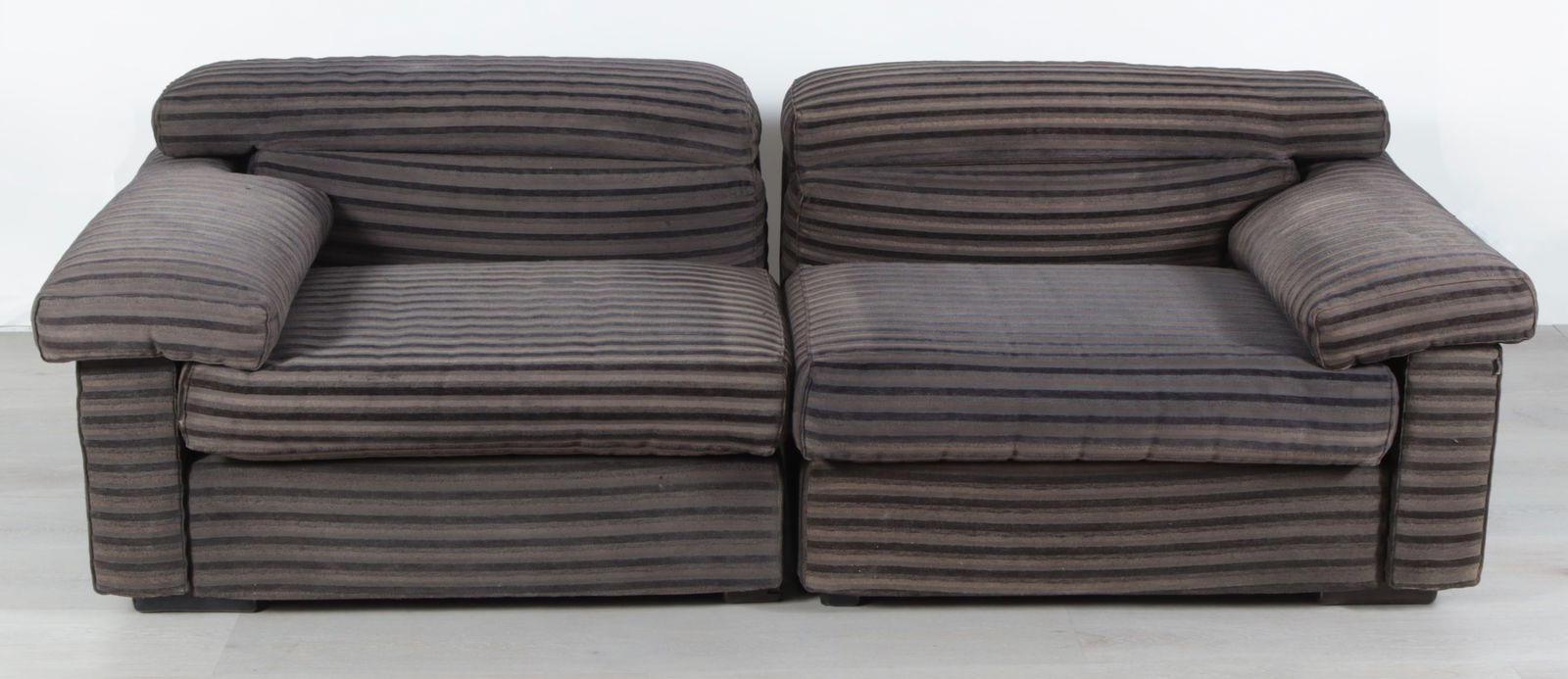 Scarpa for B&B Italia Erasmo Sofa: Afra and Tobia Scarpa for B&B Italia Erasmo two-piece modular sofa, upholstered in black striped cut velvet. Dimensions: 24" H x 84" W x 36" D