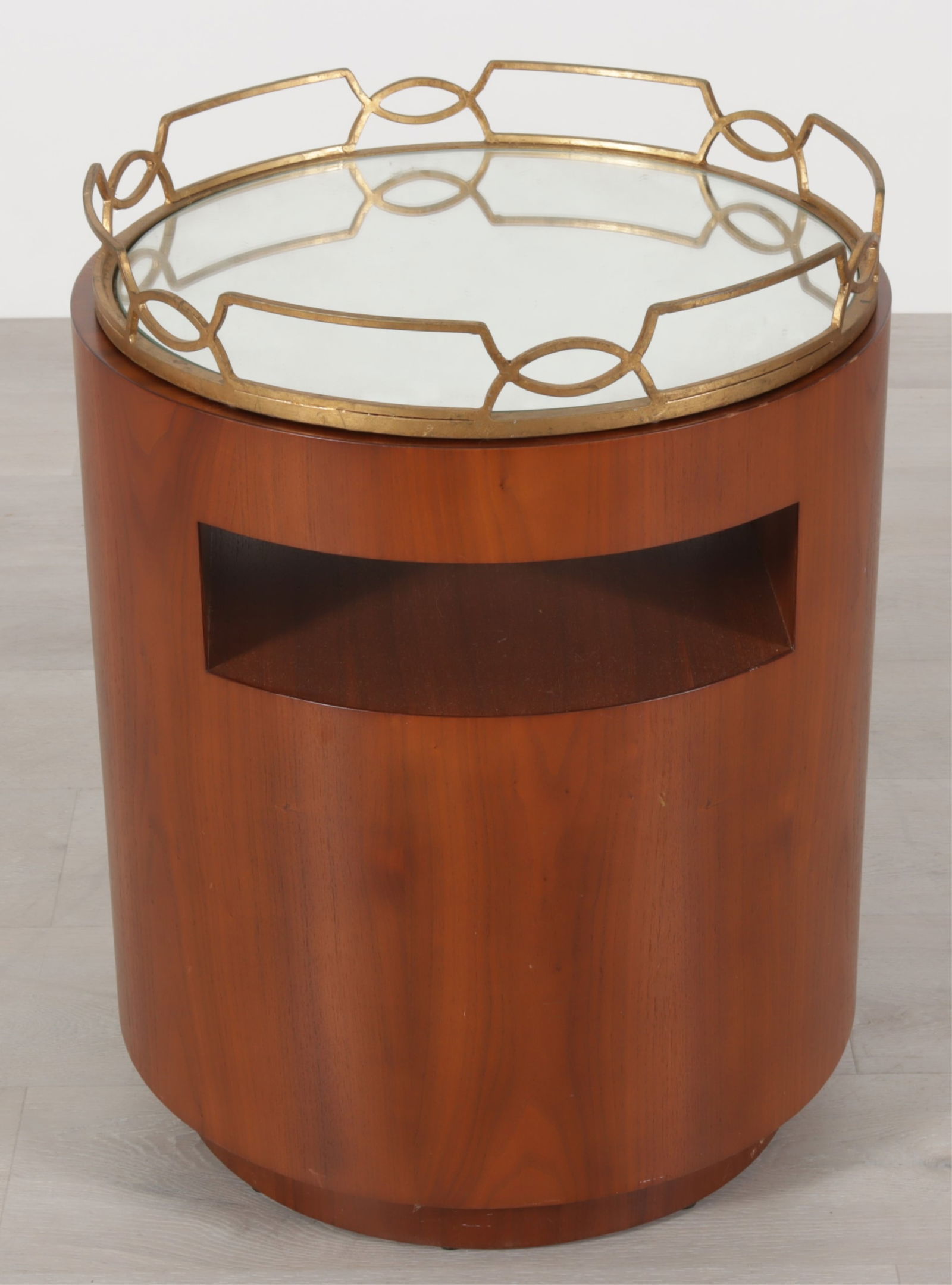 Modern Walnut Gilt Iron Tray Table: Modern Walnut Gilt Iron Tray Table Dimensions: 27" H x 20" Dia. 