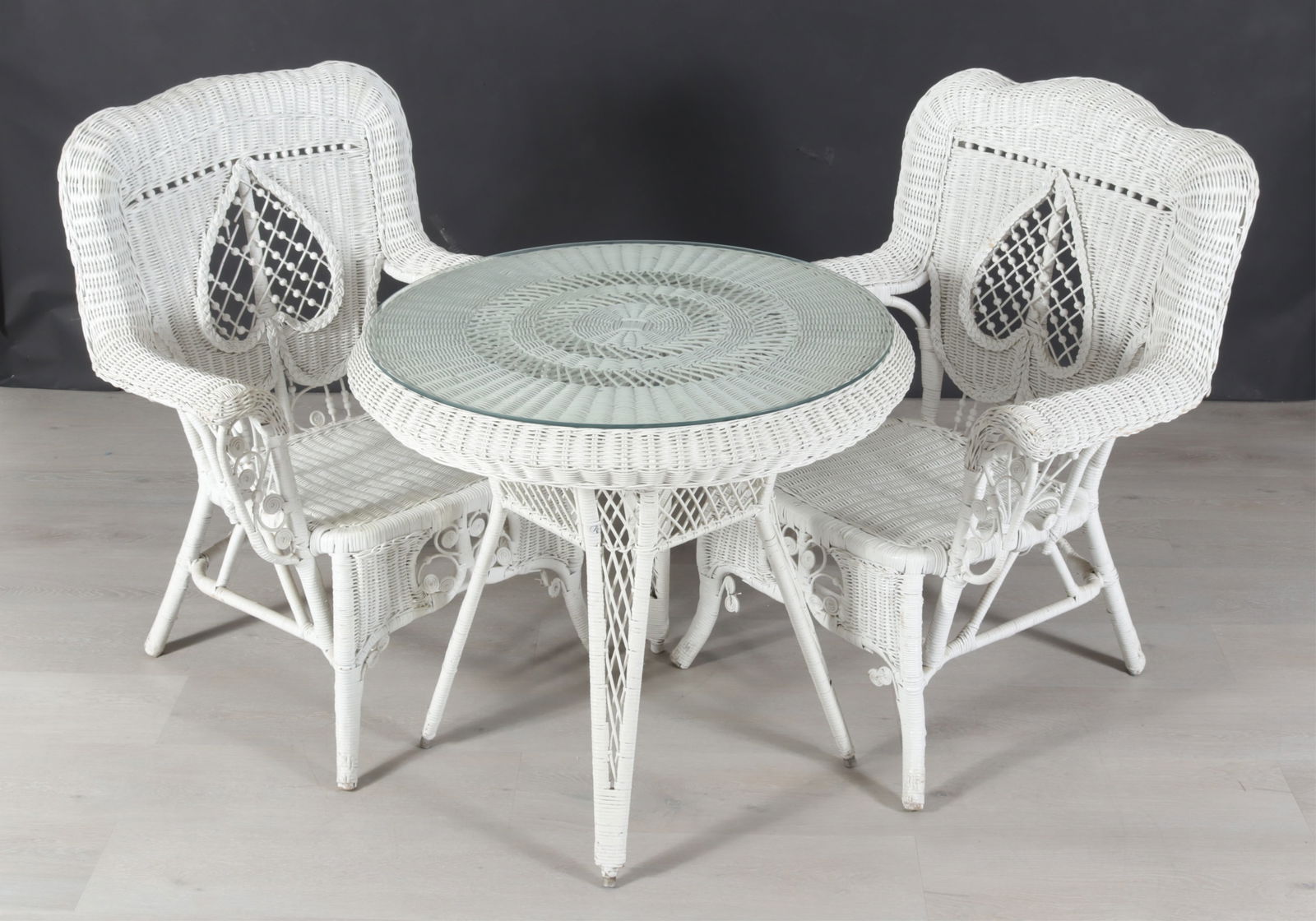 White Painted Wicker Bistro Table & Pair Armchairs: White Painted Wicker Bistro Table & Pair Armchairs Dimensions: Table 29.25" H x 32.5" Dia. 