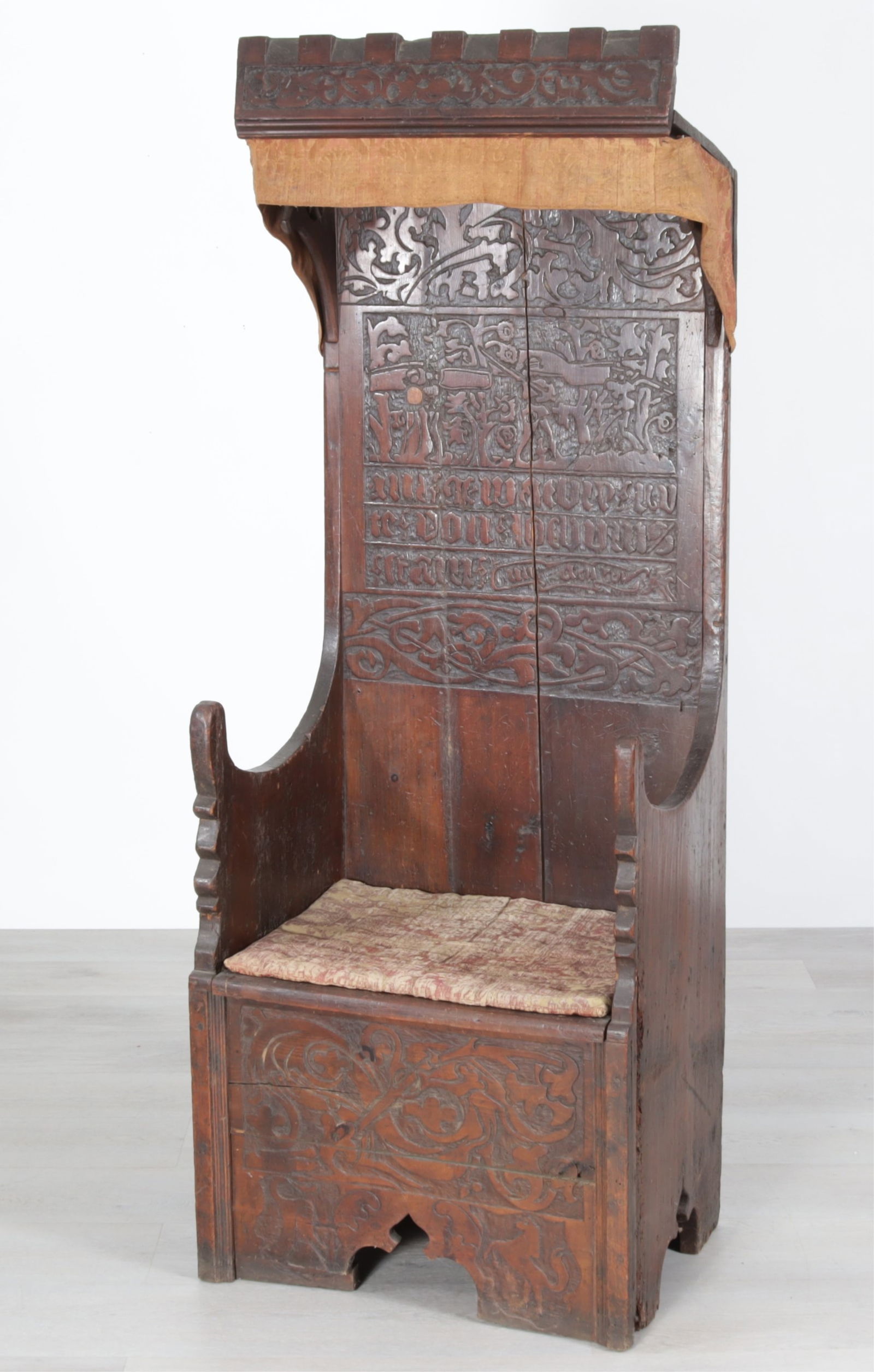 German Baroque Style Carved Pine Throne Chair: German Baroque Style Carved Pine Throne Chair, composed of old elements Dimensions: 68" H x 24.5" W x 20" D 