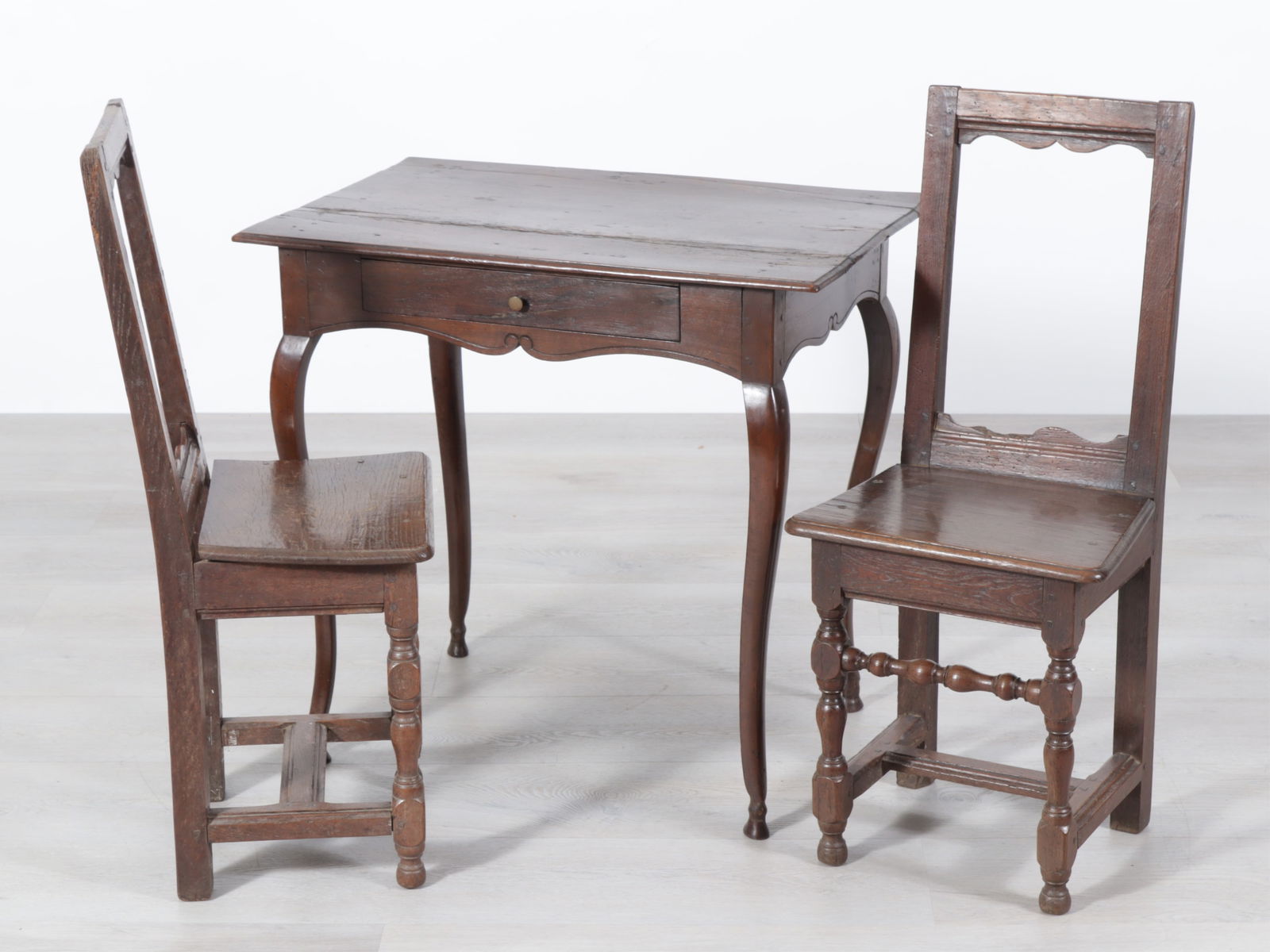 French Provincial Walnut Side Table & Chairs: French Provincial Walnut Side Table and Pair Chairs Dimensions: Table 27" H x 29" W x 19" D 