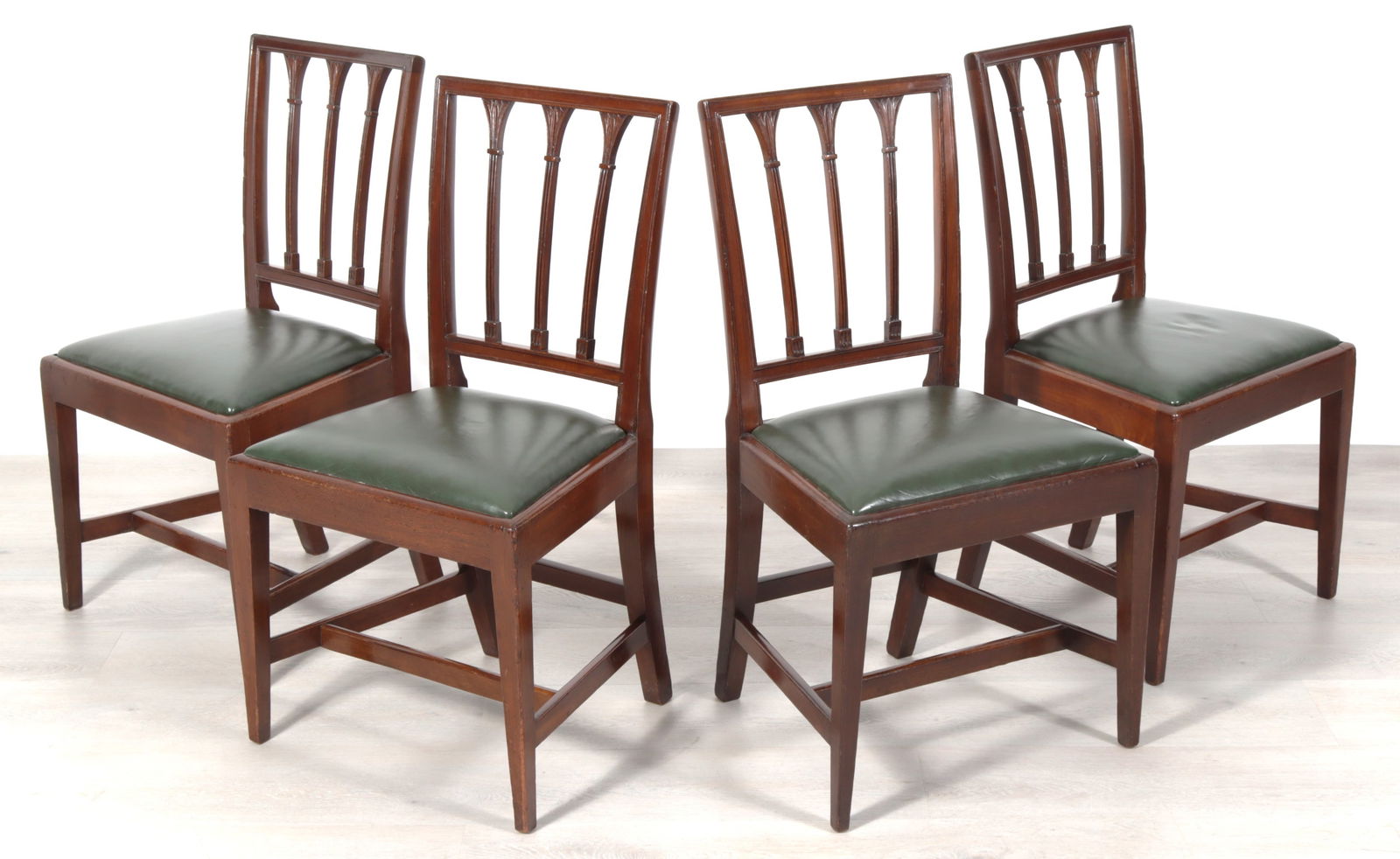 Four George III Mahogany Side Chairs, 18th C.: Set of Four George III Mahogany Side Chairs, 18th C., green leather upholstery Dimensions: 35" H x 20" W x 18" D 