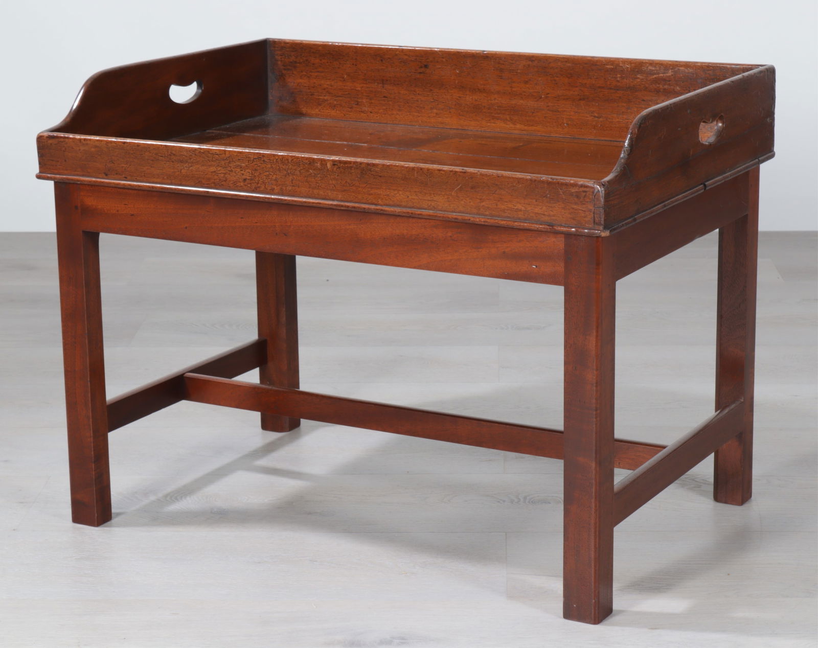 George III Butler's Tray on Stand, 18th C. & Later: George III Butler's Tray on Stand, tray 18th C. with later stand Dimensions: 22" H x 29.5" W x 19.75" D 