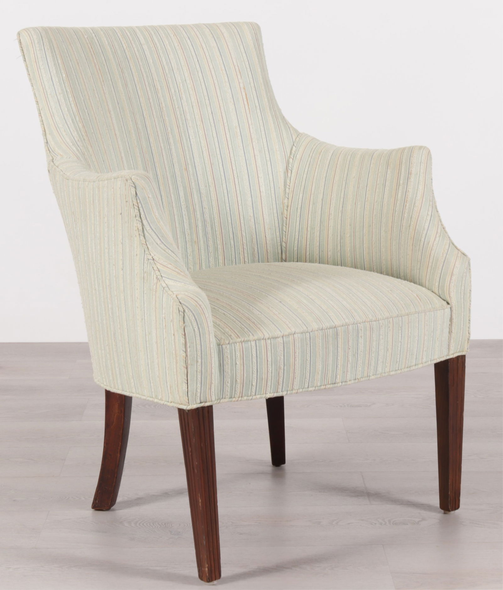 George III Style Mahogany Armchair: George III Style Mahogany Armchair, in green striped woven cotton upholstery Dimensions: 36" H x 26.25" W x 28" D