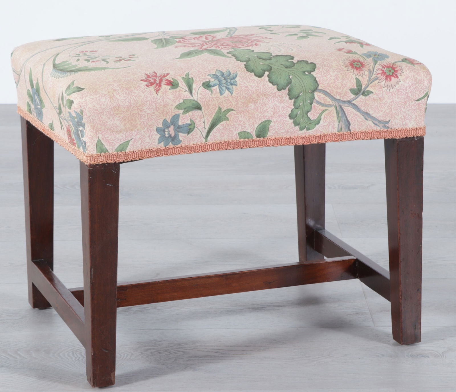 George III Mahogany Bench: George III Mahogany Bench, in pink foliate cotton upholstery Dimensions: 15.5" H x 18" W x 14.5" D 