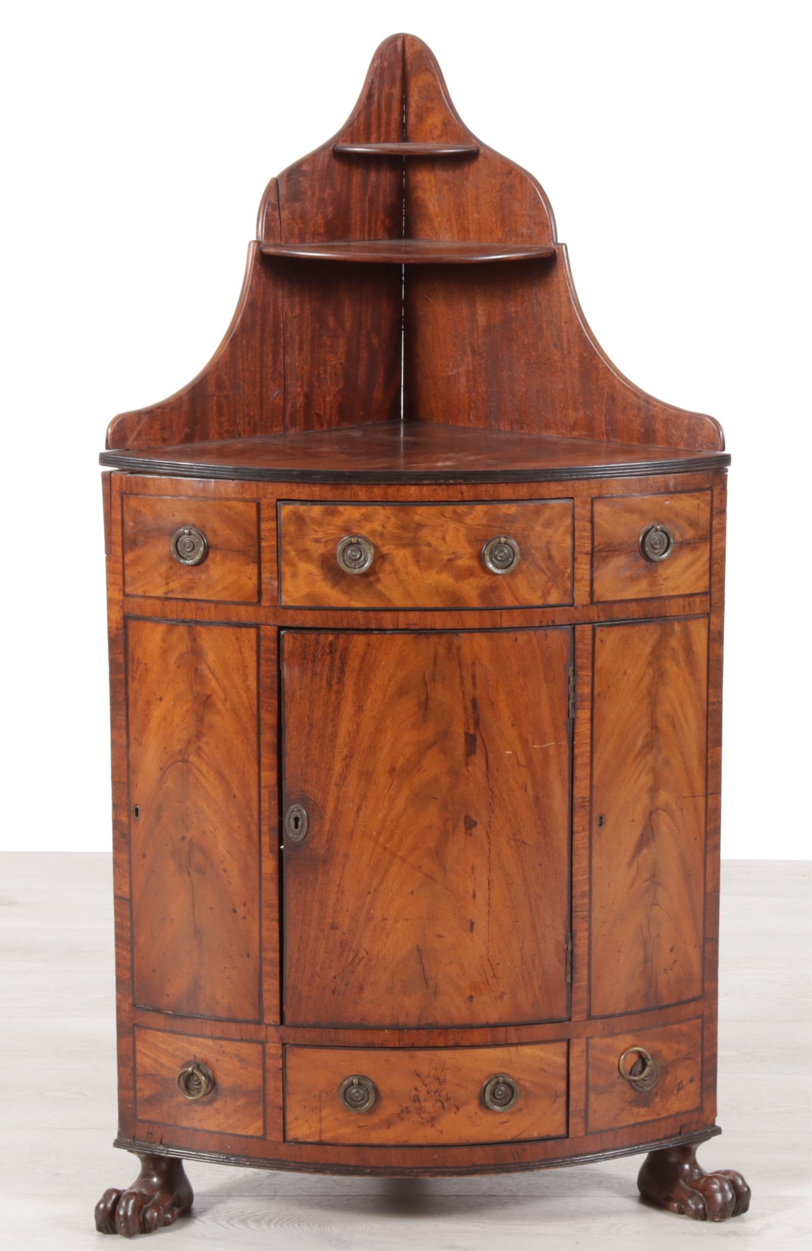 Regency Inlaid Mahogany Corner Cabinet, 19th C.: Regency Inlaid Mahogany Corner Cabinet, Early 19th C., Shelved superstructure over central frieze drawer flanked by two false drawers, single cabinet door over base drawer, medallion pulls, front