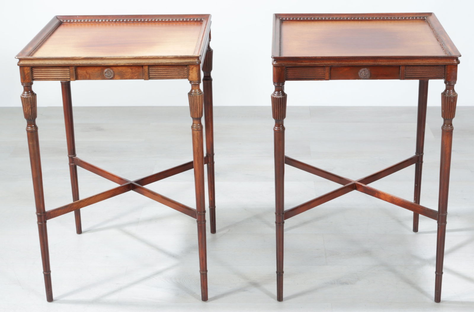 Pair Federal Style Mahogany End Tables: Pair Federal Style Mahogany End Tables, dish-top, x-form stretchers. Dimensions: 28.5" H x 19" Square 