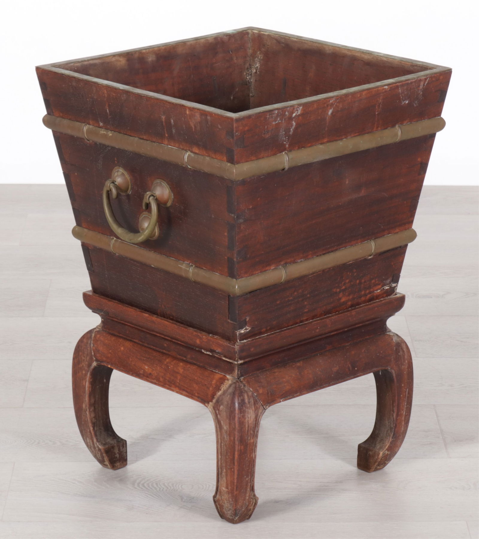 Chinese Brass-Bound Hardwood Ice Chest: Chinese Brass-Bound Hardwood Ice Chest Dimensions: 25.25" H x 15.5" Square 