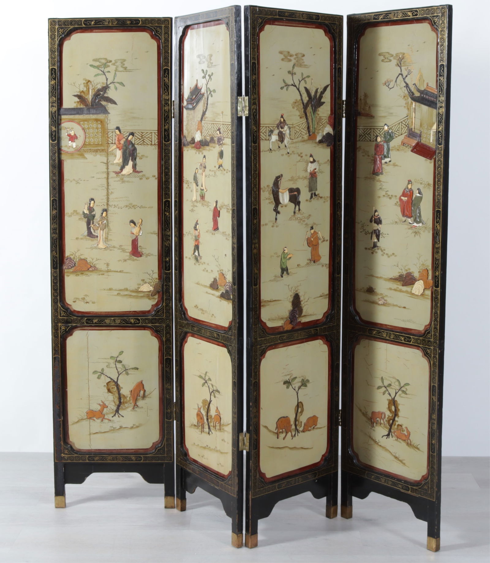 Chinese Stone Mounted Lacquer 4-Panel Screen - 13