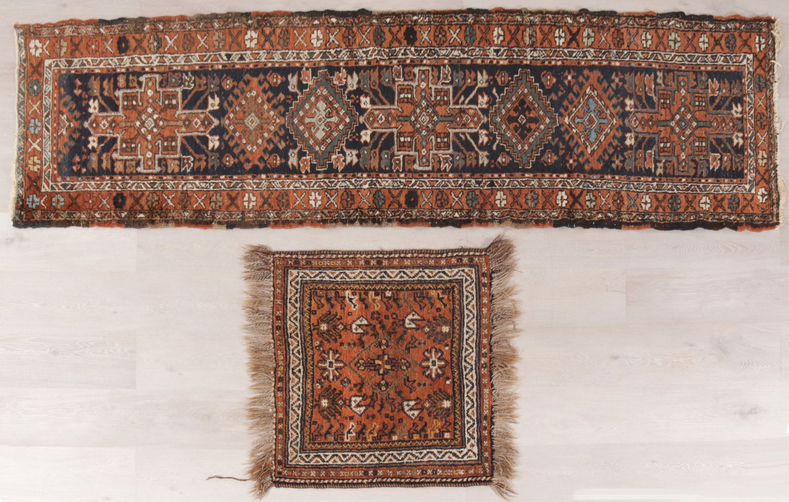 Heriz Karaja Runner Rug 2-9 X 9-5 & other: Persian Heriz Karaja wool runner rug along with a small scatter rug, hand knotted, runner field with dark blue ground, seven geometric medallions, rust, grey and off white; scatter rug field with