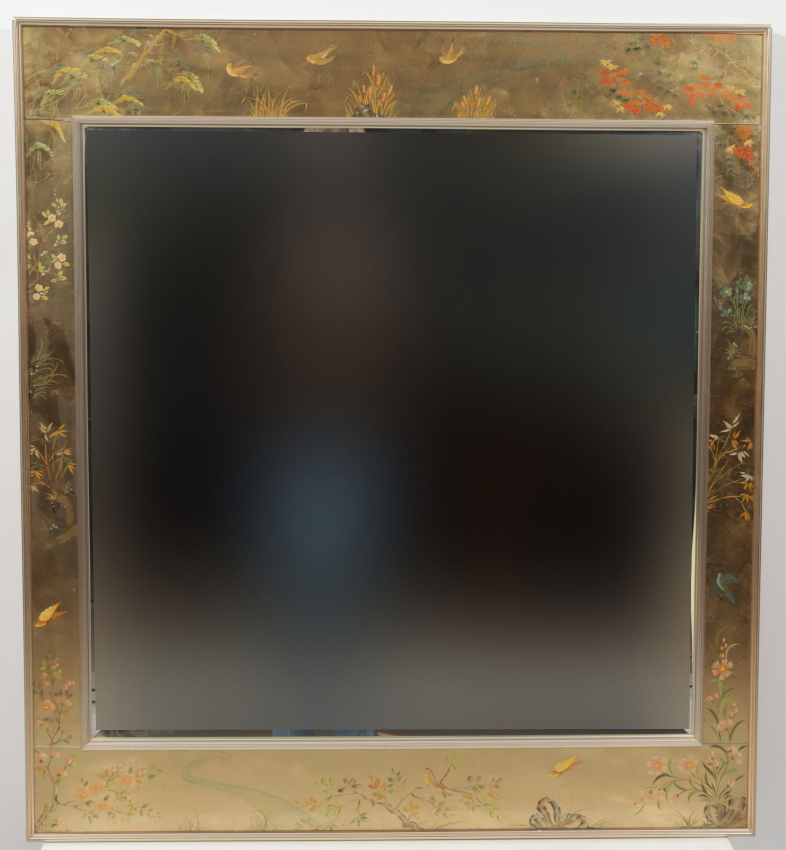 La Barge Chinoiserie Decorated Eglomise Mirror: La Barge Chinoiserie Decorated Eglomise Mirror. Decorated with floral sprays and birds. Dimensions: 42.5" H x 38.5" W 