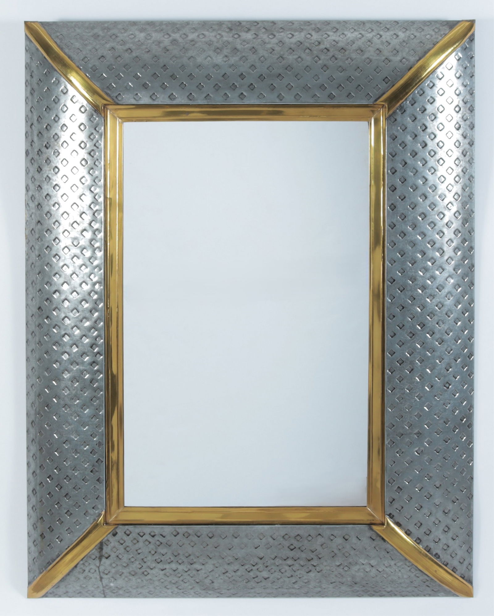 Punched Tin and Copper Decorative Mirror: Punched Tin and Copper Decorative Mirror, Decorative mirror, convex tin frame tin punch work, copper banding c.1970, made in Mexico Dimensions: 36 x 47, frame 11" From a Dutch Modernism Collector