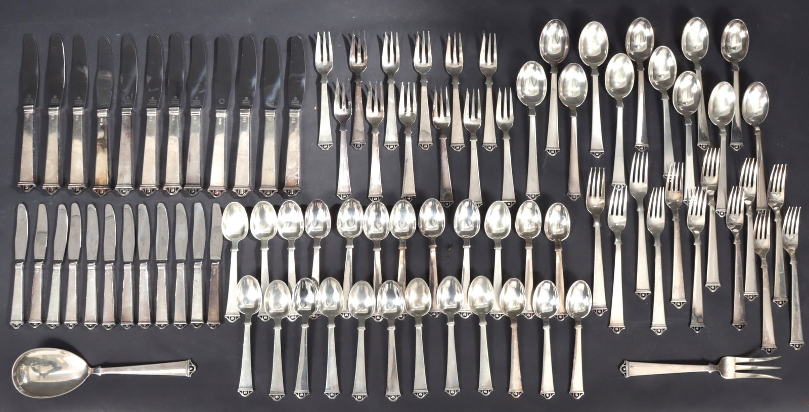Peter Hertz 'Vendome' Sterling Silver Flatware: Peter Hertz, Danish, sterling silver 'Vendome' pattern flatware service. Comprising: 12 dinner forks, 12 salad forks, 24 teaspoons, 12 round bowl cream soup spoons, 12 knives, 12 butter spreaders,