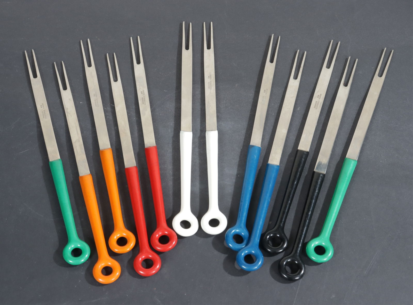 Peter Raak for Hessiche Steel Fondue Forks: Twelve Peter Raak for Hessiche Steel Fondue Forks, 1966-1970, marks Mono 18/8 Germany Dimensions: 9.25" H 