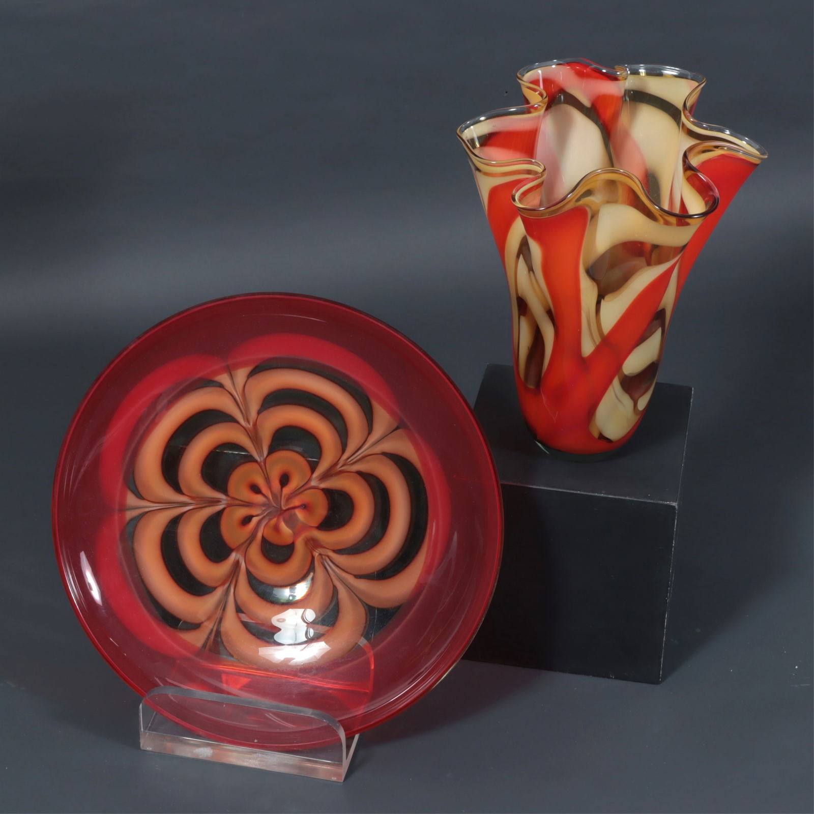 Waterford Evolution Ruby Glass Bowl & Vase: Waterford Evolution Ruby Glass Bowl & Matched Vase Dimensions: Bowl: 19.5" Dia x 4.25"H Vase: 13.5"W x 16.75"H ( 5" Diameter at base) 
