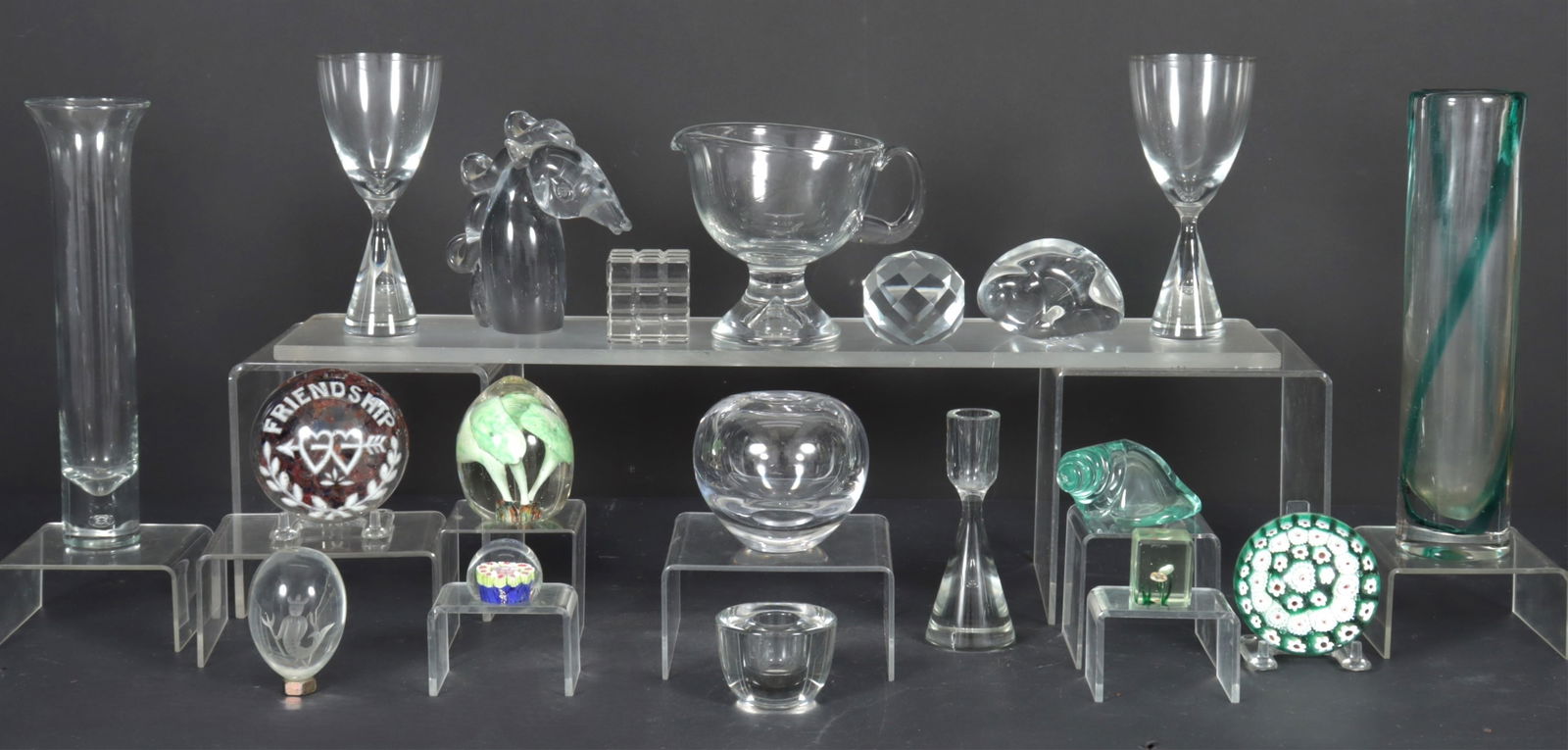 Modern Glass Paperweights, Vases, Animals: Collection of 20th c glass objects. Including paperweights, vases, candlesticks. See photos for details. Dimensions: Various from 1" H to 10" H