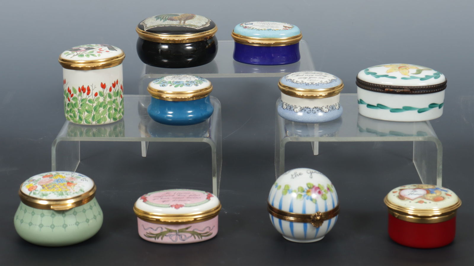 Halcyon Days & Limoges Trinket Boxes: Ten Halcyon Days & Limoges Trinket Boxes Dimensions: Largest 2.5" Dia. 