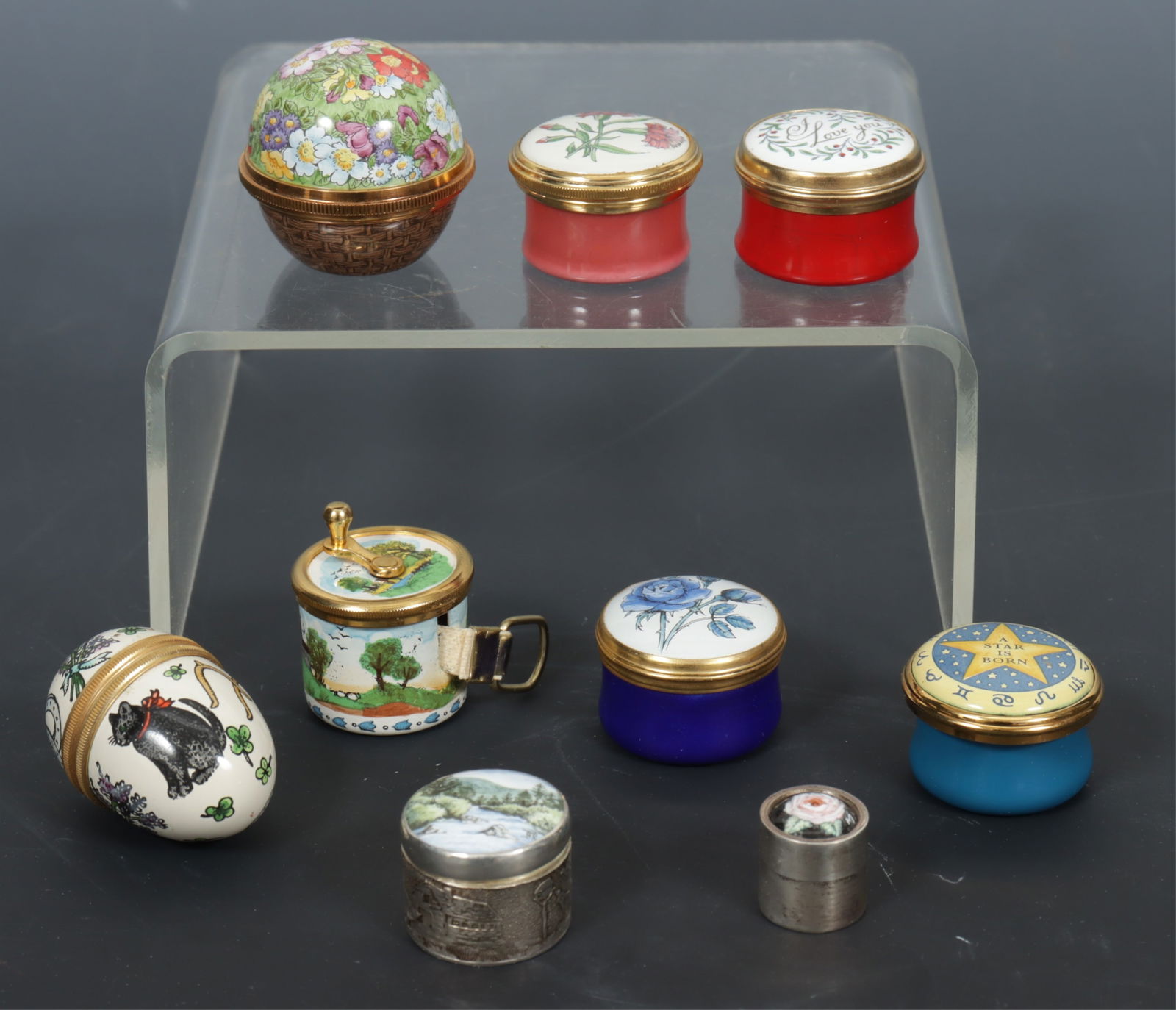 English Sterling & Halcyon Days Trinket Boxes: Two English Sterling, 7 Halcyon Days Trinket Boxes, sterling by Clive Norman Bullivant Dimensions: Each box approximately 1"W x .5"H 