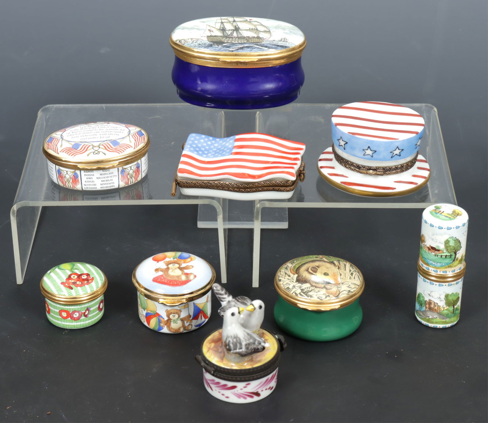 Group of Trinket Boxes: Group of Trinket Boxes. Comprising: five Halcyon Days, three Limoges & one Staffordshire. Dimensions: 2" W 
