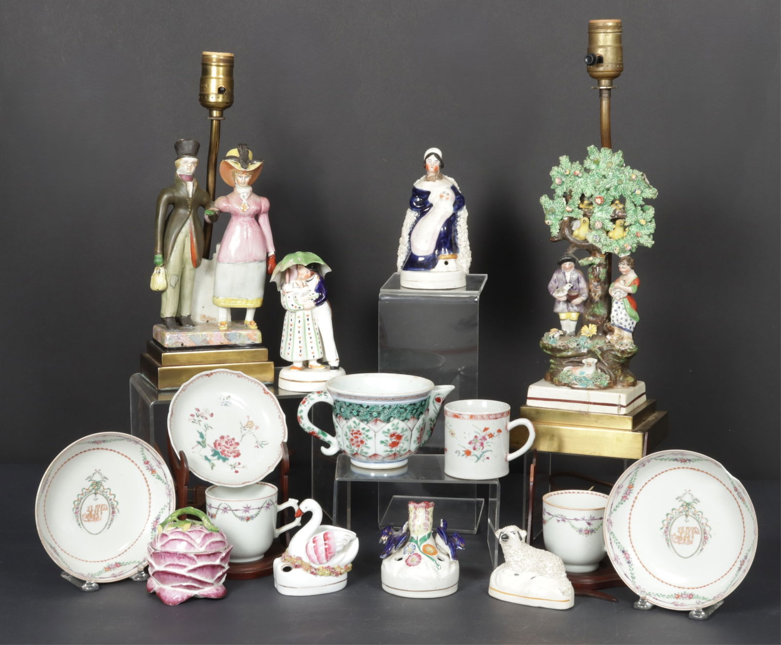 Staffordshire & Chinese Export Porcelain Items: Fifteen Staffordshire & Chinese Export Porcelain Table Items Dimensions: Largest lamp to the fixture 15" H