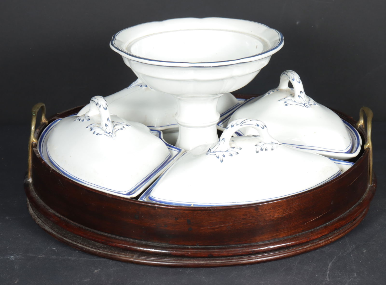 English Mahogany Lazy Susan & BB Newstone Server: English Mahogany Lazy Susan & BB Newstone Server, Second Quarter 19th Century, Minton's BB Newstone Ironstone Dimensions: 8.25" H x 17" Dia. 