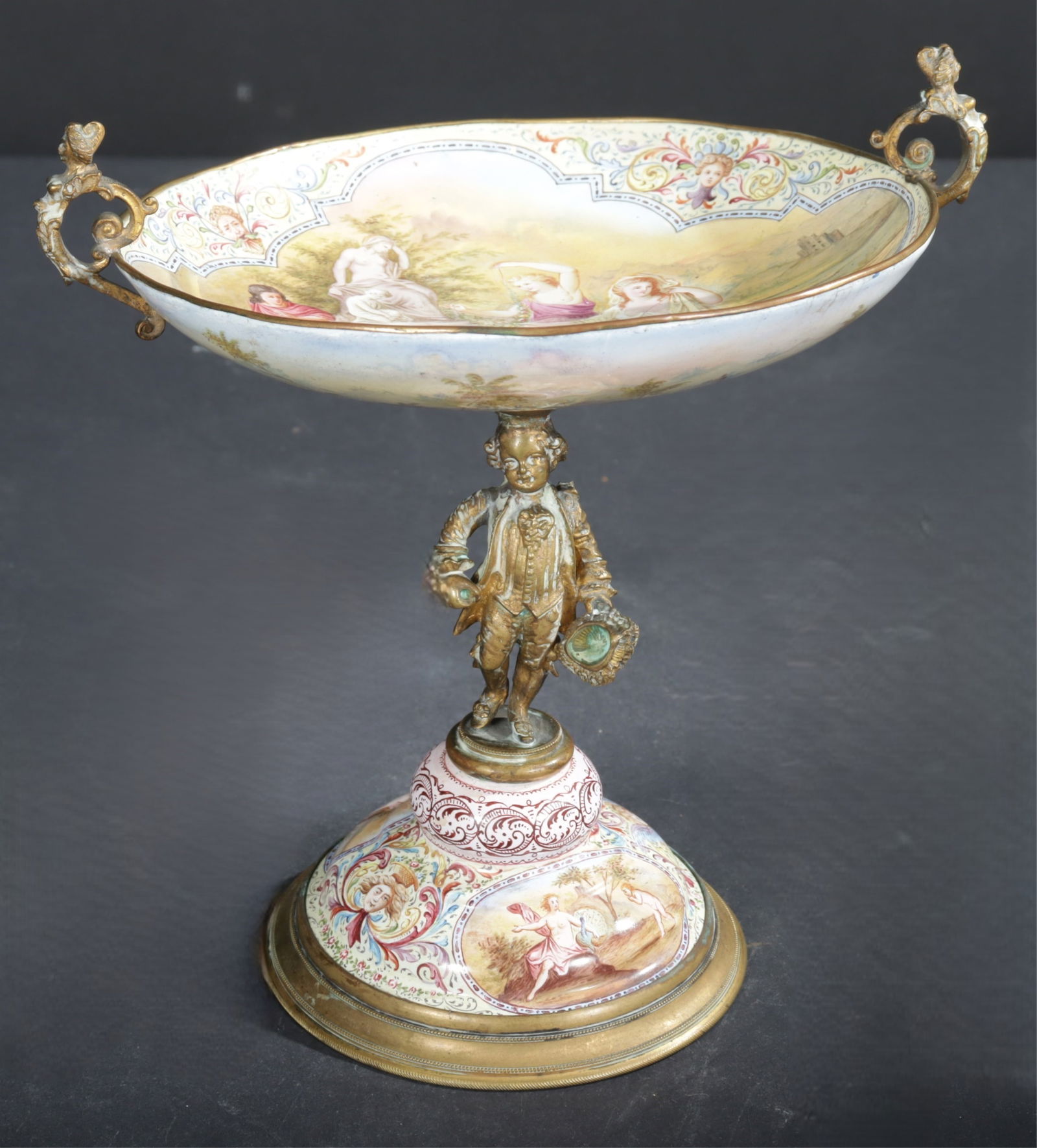 Austrian Enameled Gilt Brass Figural Compote, 19C: Austrian Enameled Gilt Brass Figural Compote, 19th C. Dimensions: 7.25" H 
