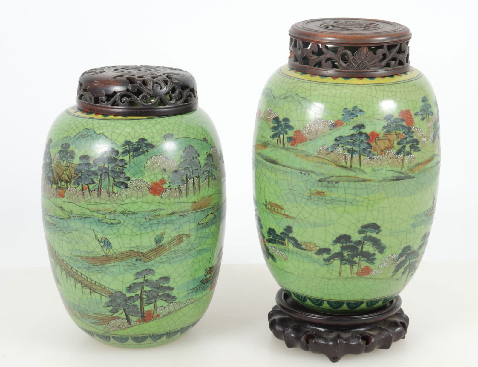 Pair Japanese Green Glazed Pottery Ginger Jars (1 of 9)