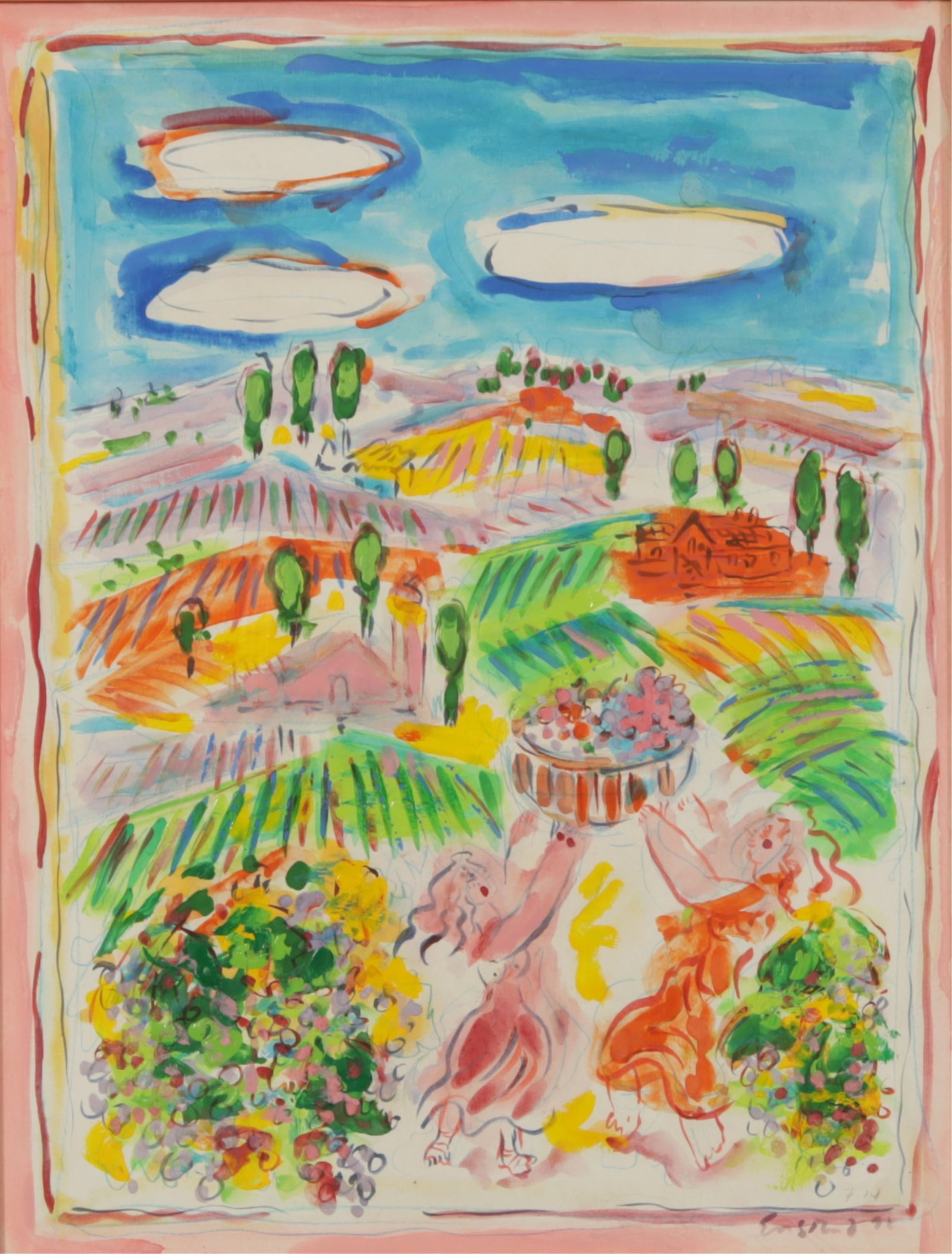 Wayne Ensrud - Napa W/C: Wayne Ensrud (American, 1934-2024) Napa, Celebration for Kantrowitz. Signed lower right. Dated 92. W/C on paper Dimensions: Frame 22" H x 17.5" W Sight 17.5" H x 13.5" W Property from a Fairfield