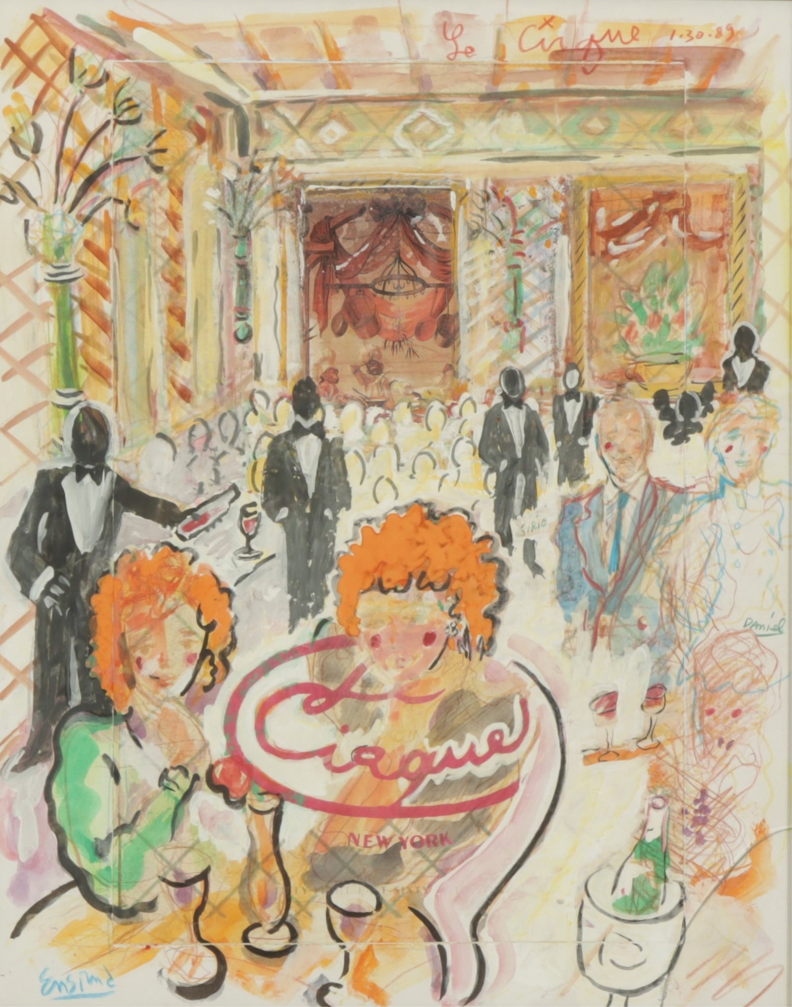 Wayne Ensrud - Le Cirque #6: Wayne Ensrud (American, 1934-2024) Le Cirque #6, Signed lower left in crayon. Dated 1/30/89. W/C, Pastel, Collage on paper. Dimensions: Frame 22" H x 18" W Sight 19.5" H x 15.5" W Property from a