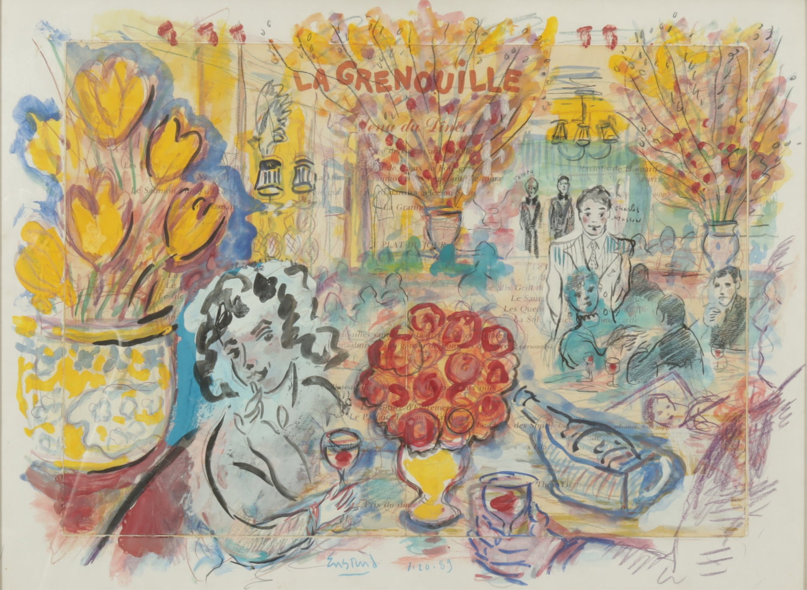 Wayne Ensrud - La Grenoville #7: Wayne Ensrud (American, 1934-2024) La Grenoville #7. Signed lower middle. Dated 1/20/89. W/C, Crayon, Collage on paper. Dimensions: Frame 20.5" H x 26.5" W Sight 17.75" H x 23.75" W Property from a Fa