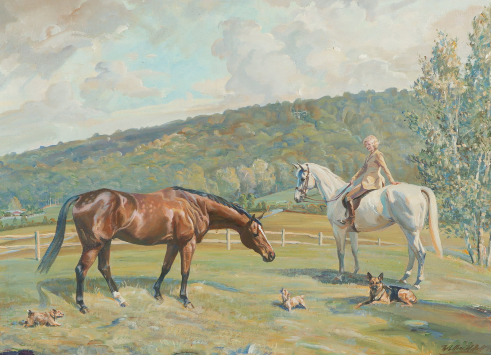 Wallace Wilson Nall - Diana on Horseback - O/C: Wallace Wilson Nall, American, 1922-2003, Diana on Horseback, oil on canvas, signed and dated lower right Dimensions: 24.5" H x 32.25" W, Framed 31.5" H x 39.5" W Property from a Millerton, NY