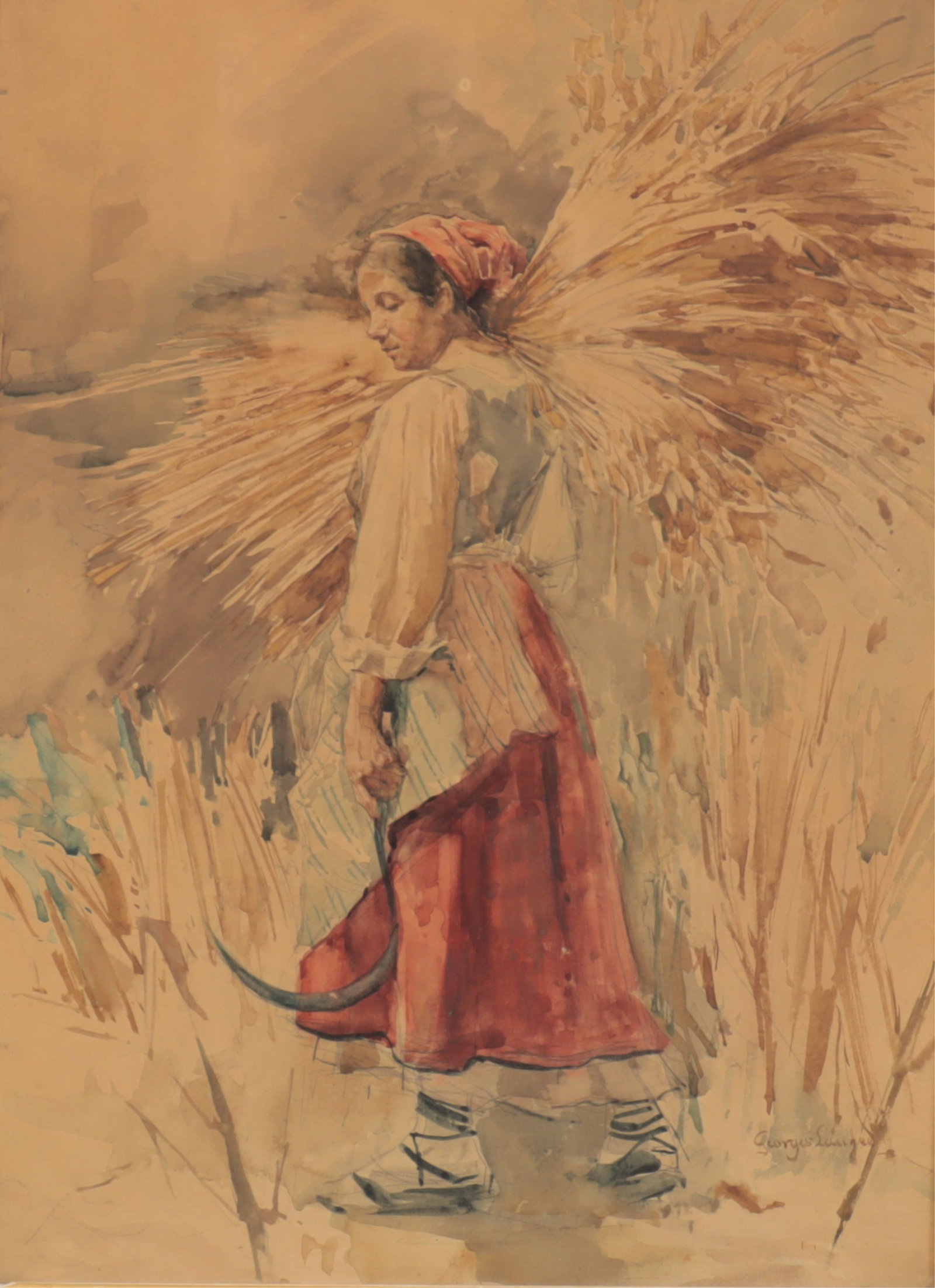 Georges Laugee - Harvesting Wheat W/C: Georges Laugee (French, 1853-1913), Harvesting Wheat, watercolor, signed lower right. Dimensions: 16" x 11.75" Framed 24.75" x 20.75" x 3.75" Property from a Manhattan collection.