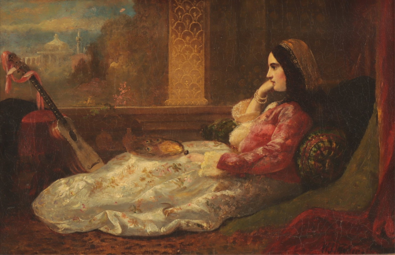 William James Muller - Recumbent Woman O/C: William James Muller (British, 1812-1845) Recumbent woman gazing out of a palace window, oil on canvas, signed lower right, central nameplate. Dimensions: 11.5" x 18" Framed 15.75" x 22.25" Property