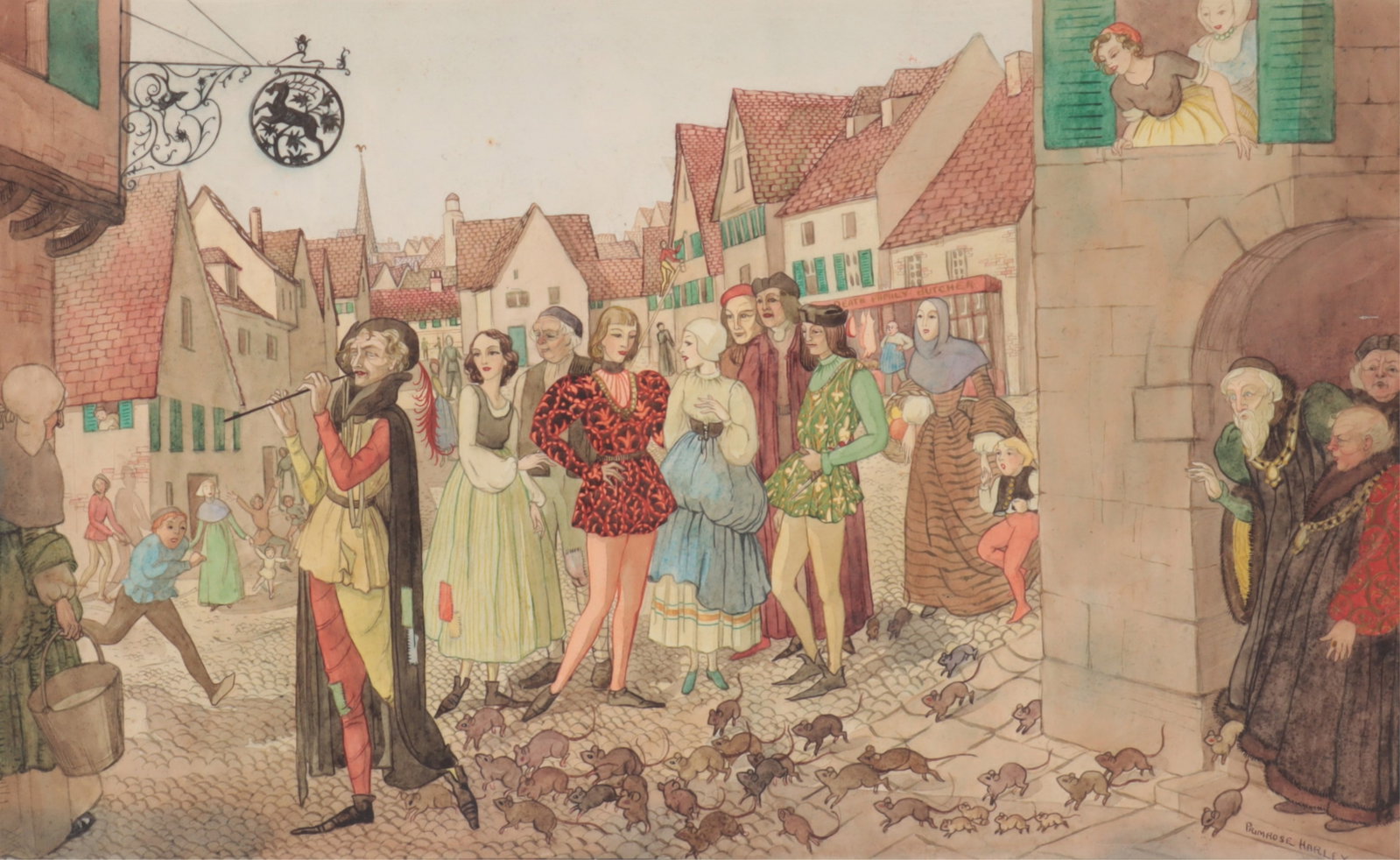 Primrose Harley Roper - Pied Piper of Hamelin W/C: Primrose Harley Roper (1908-1978) An original watercolor on board image of the Pied Piper of Hamelin leading the rats out of the city, watched by the citizens, c 1930. Dimensions: 11" H x 18" W