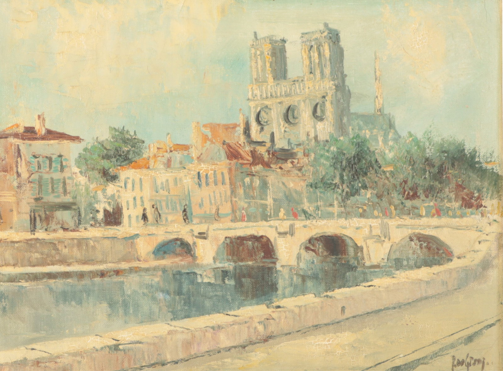 Grong - Notre Dame, O/C: Grong (French, b. 1914), early 20th century oil on canvas depiction of Notre Dame, signed. Verso with label reading: Grong, born in Roubaix, France 1914, son of laborers, he manifested an unexpected
