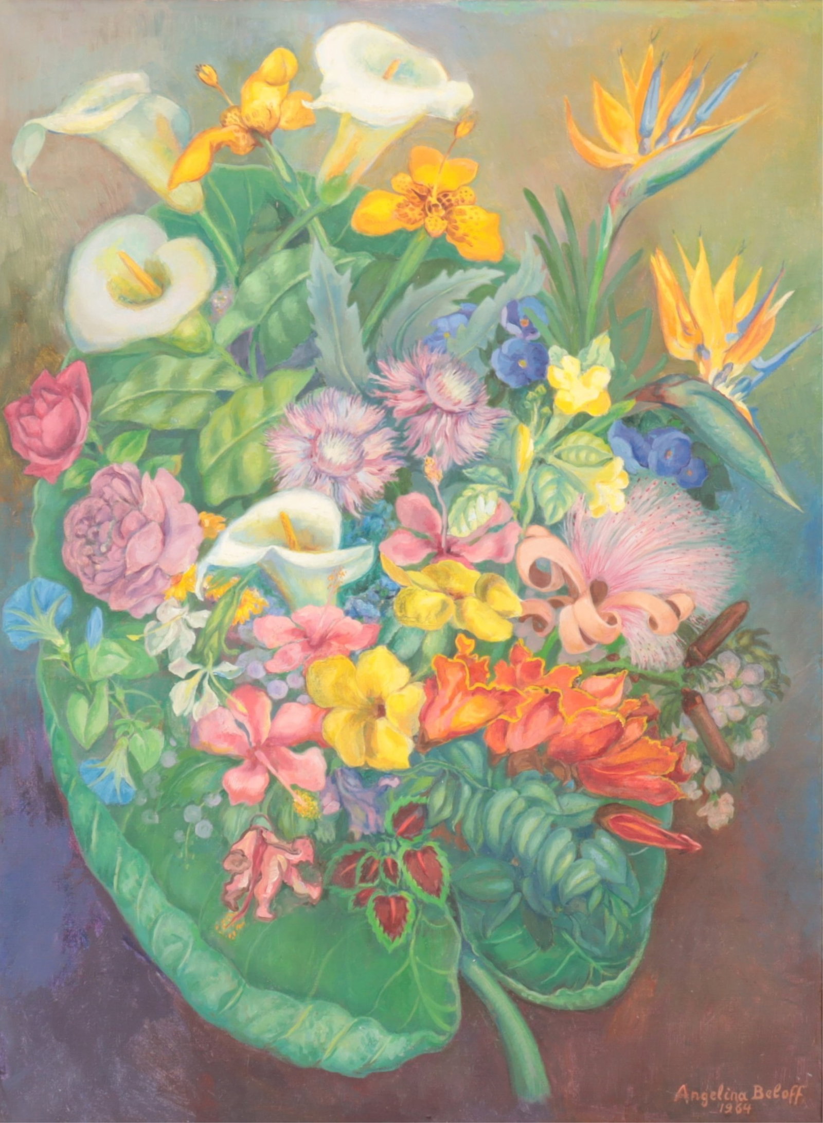 Angelina Beloff - Floral Still Life - O/C: Angelina Beloff, Russian/Mexican, 1879-1969, Floral Still Life, oil on canvas, signed and dated lower right 1964 Dimensions: 31.5" H x 23.5" W; Framed 38.5" H x 30.5" W Property from a Manhattan