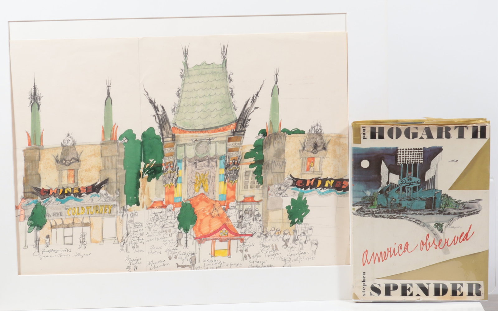 Paul Hogarth Hollywood Pencil Drawing & Book: Paul HOGARTH (1917-2001). Grauman's Chinese [Theater] Hollywood, an original pencil and wash drawing, signed and inscribed. Together with P. HOGARTH & Stephen SPENDER. America Observed. Dimensions: Pr