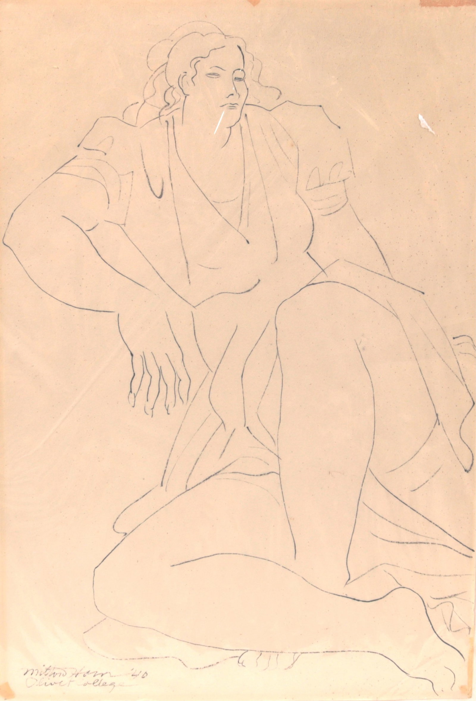 Milton Horn - Drawing of Seated Female: Milton Horn, Drawing of Seated Female, original drawing of a seated female figure on wove paper, inscribed 'Miton Horn '40 Oliviet College' Dimensions: 14.5" W x 21" H