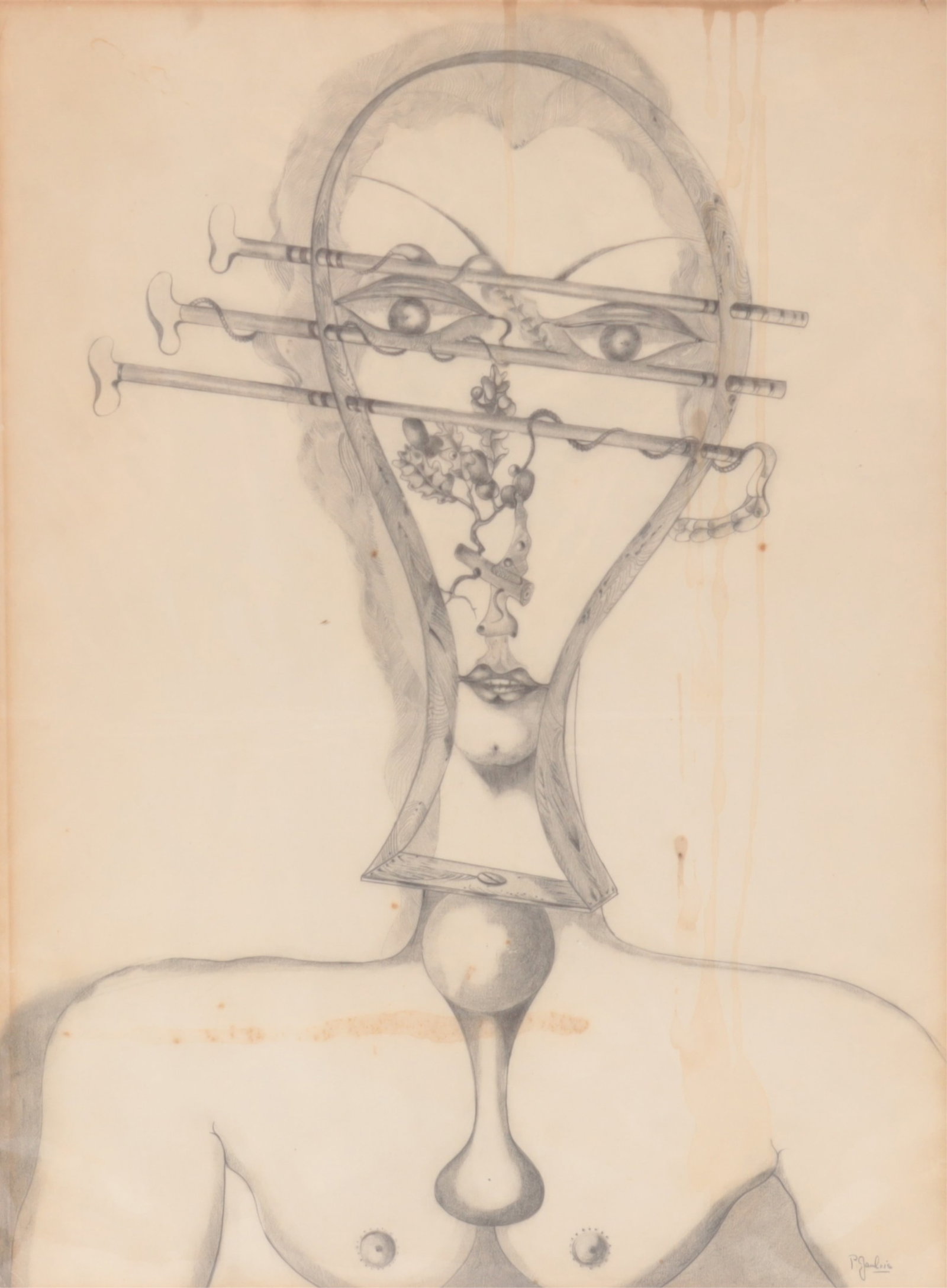 Paul Gaulois - Surrealist Figure: Paul Gaulois (1901-1943) Original surrealist pencil drawing, signed 'P Gaulois', pencil on board, circa 1940. Dimensions: 20 x 15"