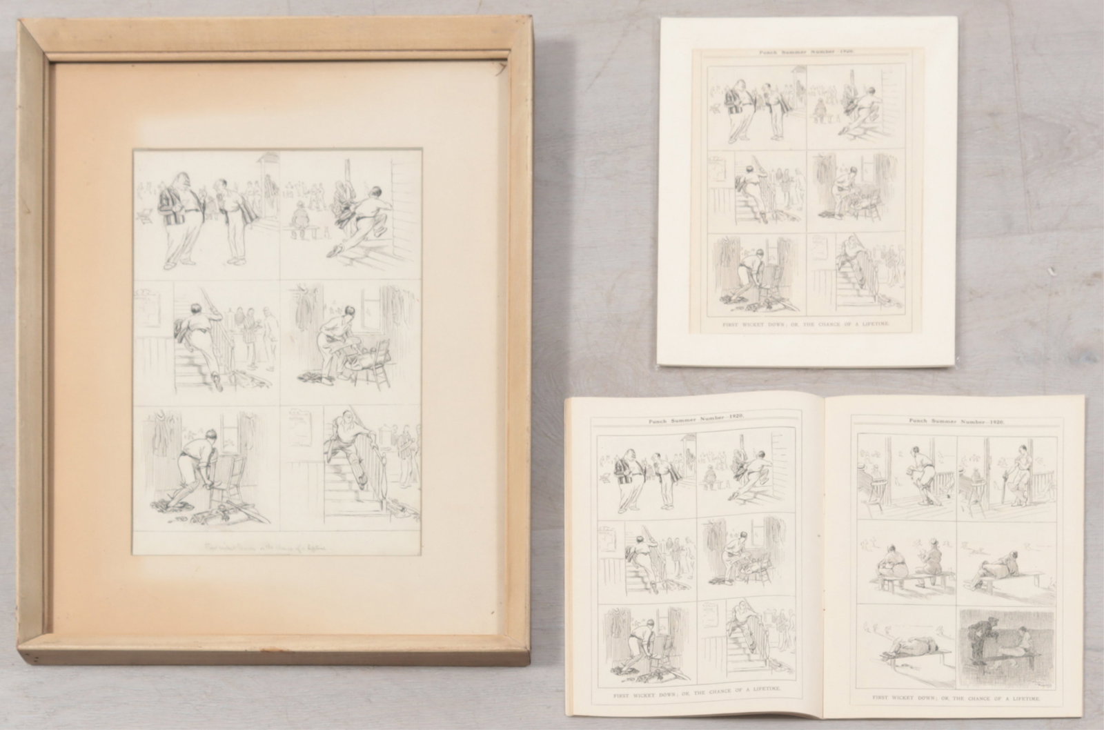 Frank Reynolds - First Wicket Down, Drawing: Frank Reynolds (1876-1953) "First Wicket Down; of the chance of a lifetime", circa 1920, pen and ink on board, together with two related printed memorbilia. Dimensions: Image 9.75" w x 13.75" hFrame