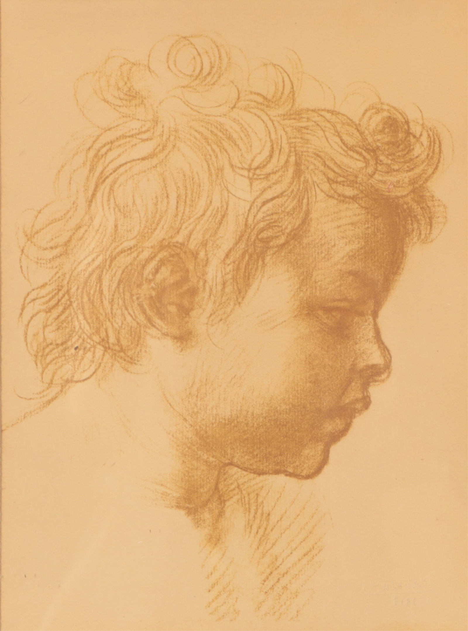 After Andrea de Sarlo - Child, c 1850: After Andrea de Sarlo (Italian, 1486-1530) sepia tone head of a child, with Fratelli Alinari blindstamp lower right, circa 1850. Dimensions: Framed 13.75" x 11.20"