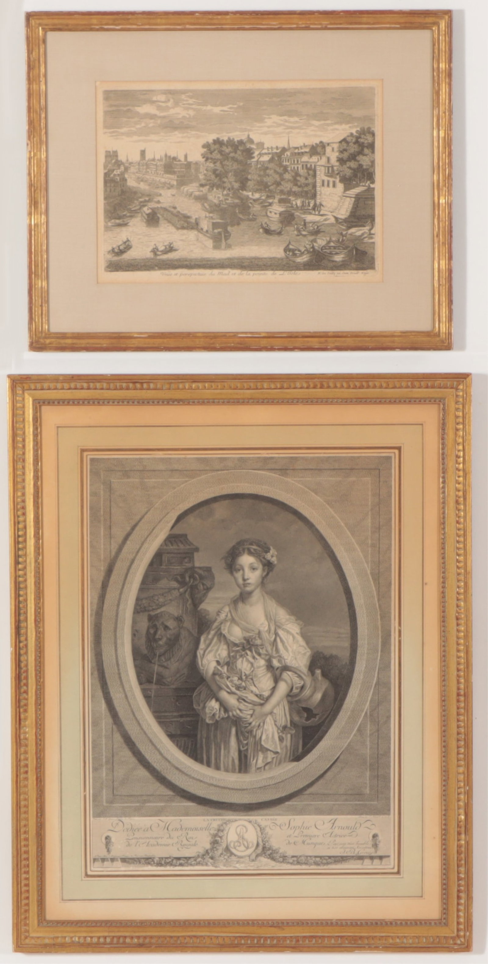 Two French Engravings, 17/18th C: After Nicolas de Poilly (French, 1627-1696) Veue et perspective du Mail et de la pointe de l'Isle, engraving. Together with After Jean-Baptiste Greuze (French, 1725-1805) standing portrait of Sophie A